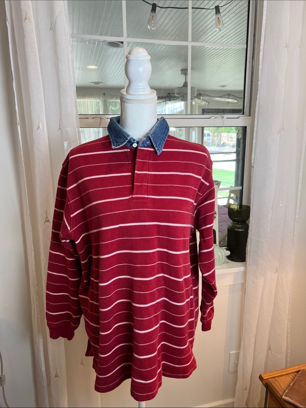 Redhead Men's Red Stripe Long-Sleeve Polo Shirt with Denim Collar size large.
